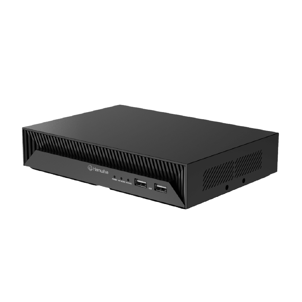 NVR Inteligente 4CH AI / Soporte Cámaras 8MP / Códecs H.265-H.264-MJPEG / Grabación 40Mbps / 4 Puertos PoE / SSD 1TB / Salida HDMI / Soporte ARB / Conectividad P2P / Firma Hanwha Vision