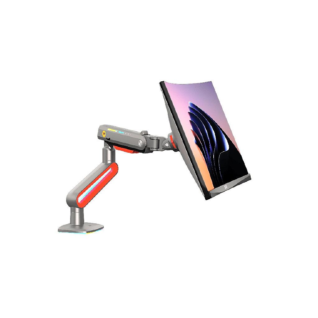 [L60NB] Montaje de Escritorio Ideal Para Monitores Gaming de 32- 60 / Capacidad de Carga Maxima 20 Kg / Vesa 75 x 75 - 100 x 100 / Acero / Giro 360° / Color Carbon Mate con Cubierta Plastica Color Rojo / Iluminación RGB