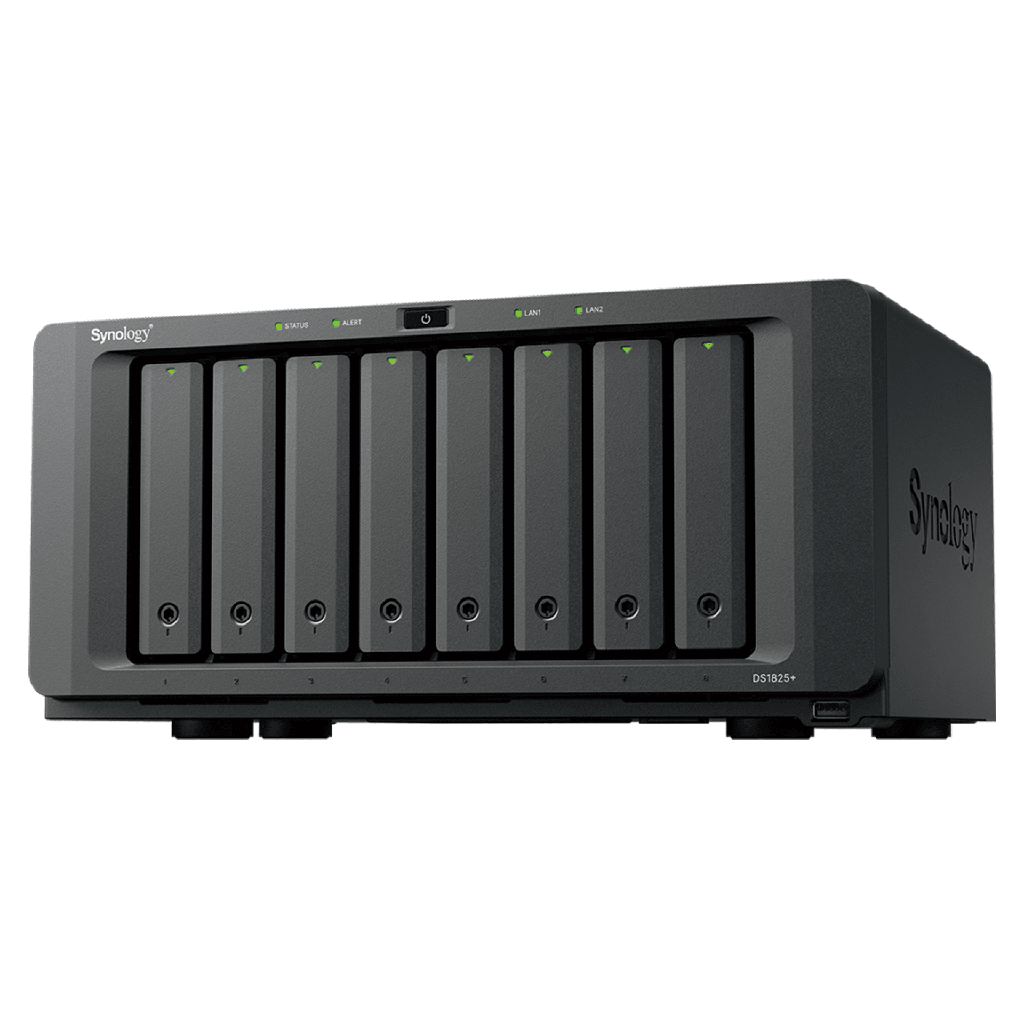 NAS DiskStation DS1825+ | 8 Bahías | AMD Ryzen V1500B | 8 GB DDR4 ECC | Hasta 2,239 MB/s Lectura | 2 Puertos 2.5GbE | Expansión PCIe 3.0 | Compatible con 10GbE y 25GbE | Caché SSD M.2 | Synology DSM.
