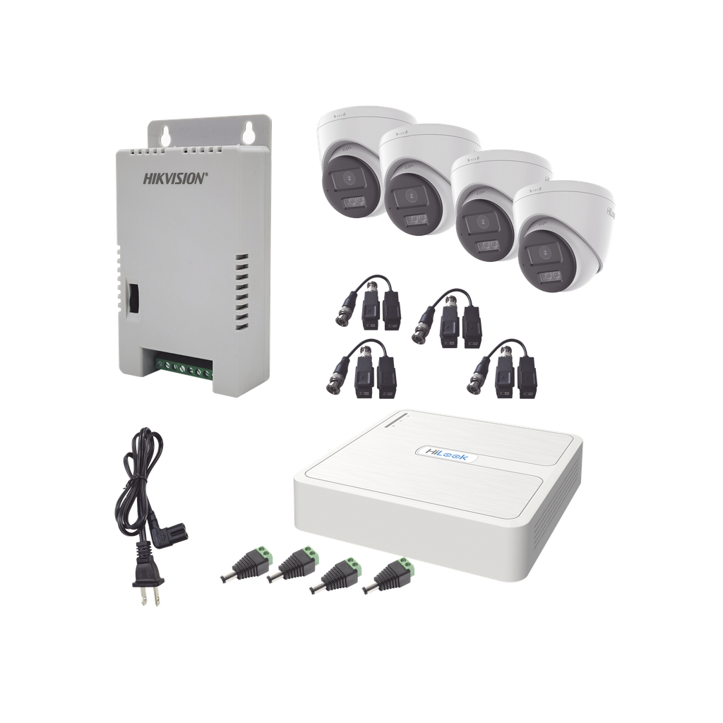 Kit HiLook Audio Bidireccional TurboHD 1080p / DVR 4 Canales / 4 Cámaras Eyeball (Exterior) con Bocina y Microfóno Integrado / 1 Fuente de Poder / Accesorios