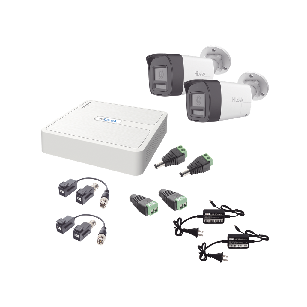 [HL-1080P-2B-TWA] Kit HiLook Audio Bidireccional TurboHD 1080p / DVR 4 Canales / 2 Cámaras Bala (Exterior) con Bocina y Microfóno Integrado / 2 Fuentes de Poder / Accesorios