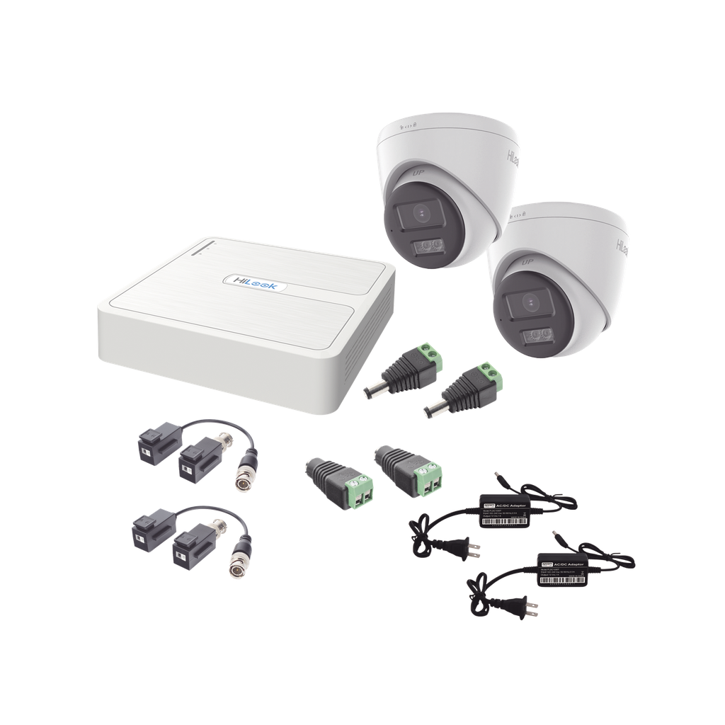 Kit HiLook Audio Bidireccional TurboHD 1080p / DVR 4 Canales / 2 Cámaras Turret (Exterior) con Bocina y Microfóno Integrado / 2 Fuentes de Poder / Accesorios