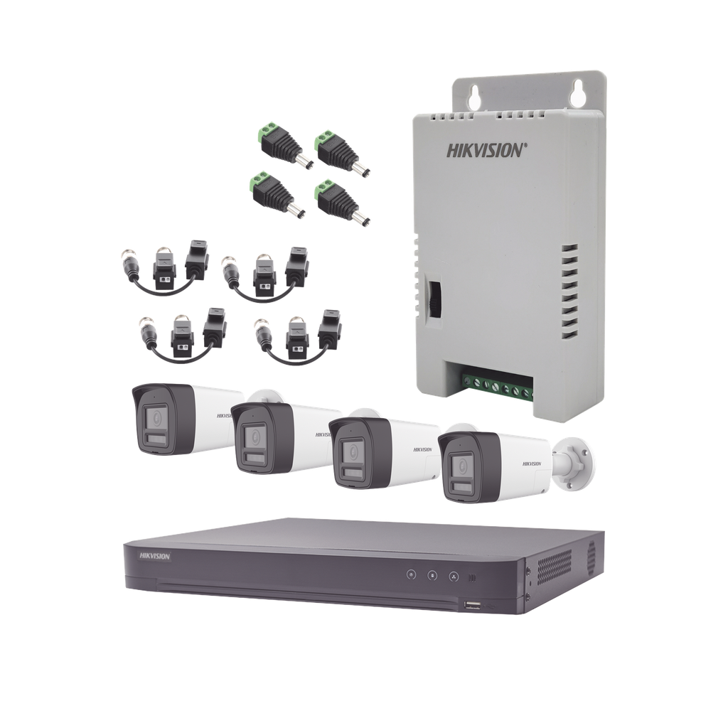Kit Audio Bidireccional TurboHD 4K-3K / DVR 4 Canales 4K / 4 Cámaras Bala (Exterior) con Bocina y Microfóno Integrado 3K / 1 Fuentes de Poder / Accesorios