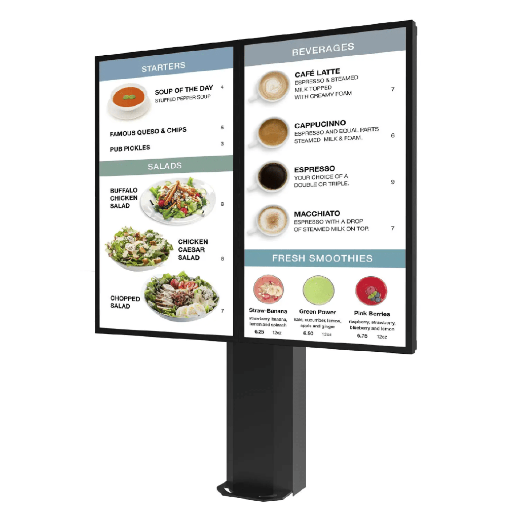 [KOF555-2] Montaje Tipo Kiosco para exterior compatible con Pantallas de 55 Samsung OH55AS / Diseño Ultradelgado / METAL / Exterior IP65 / Base Pedestal 8 / Soporte para 2 pantallas