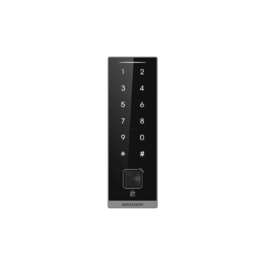 [DS-K1105EMKB-QR] Teclado Esclavo con Lector de Tarjetas Virtuales Bluetooth y Códigos QR / Tarjetas MIFARE y PROX EM / Contraseñas / RS-485 Wiegand OSDP / Frecuencias 13.56 MHz y 125 KHz / Autenticación Tarjeta PIN QR Bluetooth / Táctil