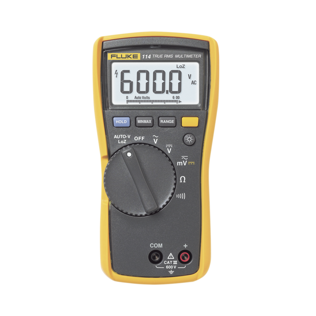 [FLUKE-114] Multímetro Digital Básico para Electricista, Uso con Voltaje Máximo de 600 V y Pantalla LED Retroiluminada
