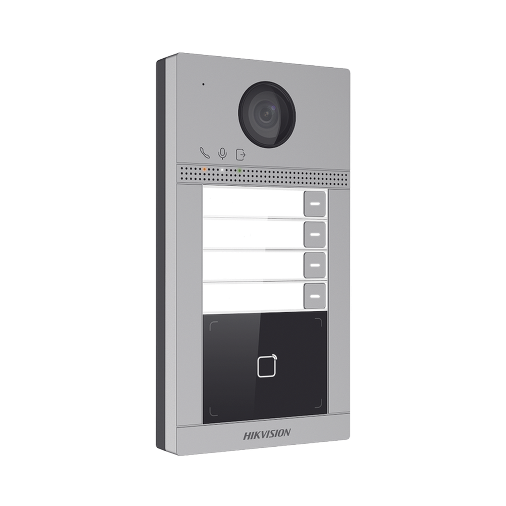 Videoportero IP 2 Megapixel / Llamada y Apertura Remota desde App Hik-Connect (Requiere monitor )/ PoE / Exterior IP65 + Antivandalico IK08 / 4 Departamento / Apertura con Tarjeta / Soporta 2 Puertas y hasta 6 Monitores