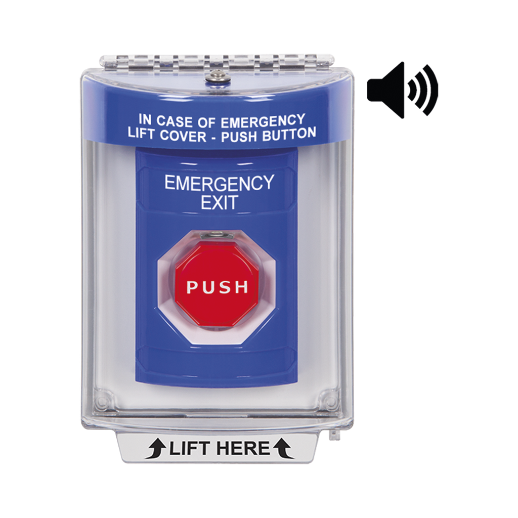 [SS2448EX-EN] Botón De Salida De Emergencia Con Bocina De Advertencia Integrada, Interior/Exterior, Texto En Ingles, Tapa Protectora De Policarbonato Súper Resistente, Neumático