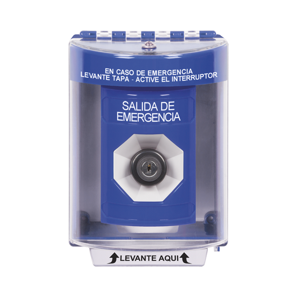 Botón de Salida de Emergencia, Texto en Español, Tapa Protectora de Policarbonato Súper Resistente, Llave para Activar