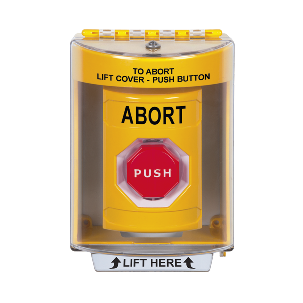 Botón de Abortar, Texto en Ingles, Tapa Protectora de Policarbonato Súper Resistente, Momentaneo