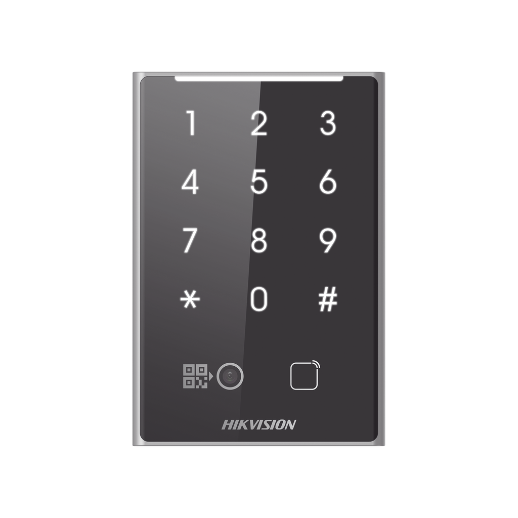 Lector de Tarjetas PROX EM y de Códigos QR / Teclado para Contraseña / Compatible con Controladores DSK2600 Series Hikvision / Comunicación RS485 y WIEGAND / IP65