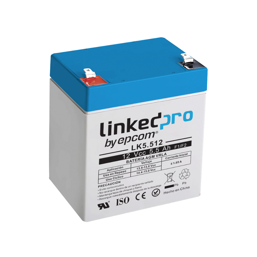 [LK5.512] Batería 12 V / 5.5 Ah / UL / Vida útil promedio 5 años / Tecnología AGM / Para uso en equipo electrónico, Alarmas de Intrusión / Incendio/ Control de Acceso/ Video Vigilancia / Terminales F1 ( Incluye adaptador F