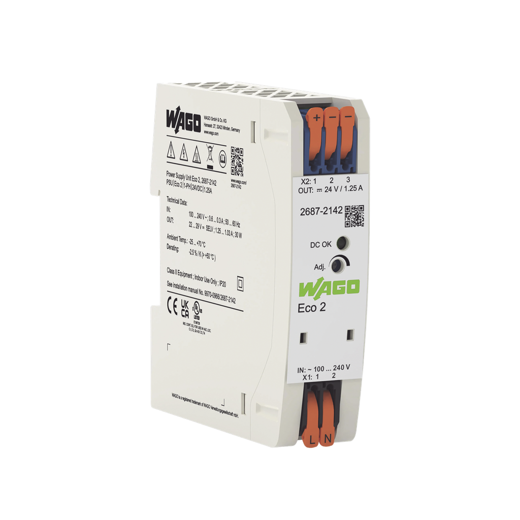 [2687-2142] Fuente de alimentación; Eco 2; monofásico; Tensión de salida 24V DC; Corriente de salida 1,25A; DC-OK LED