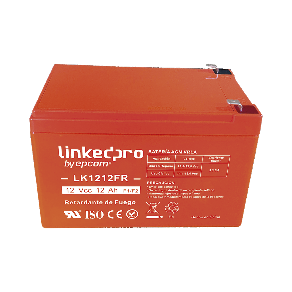 [LK1212FR] Batería 12 V / 12 Ah / UL / Tecnología AGM / Vida útil promedio de 5 años / Retardante a la Flama / Uso en equipo electrónico, Alarmas de Intrusión / Incendio / Control de Acceso/ Video Vigilancia / Terminales F1