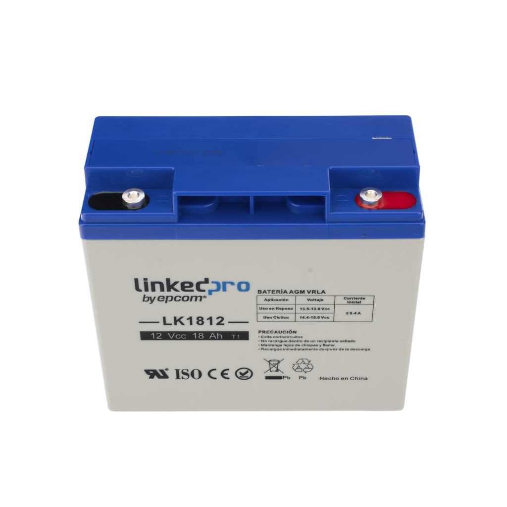 Batería 12 V / 18 Ah / UL / Tecnología AGM / Vida útil promedio de 5 años / Para uso en equipo electrónico, Alarmas de Intrusión / Incendio/ Control de Acceso/ Video Vigilancia / Terminales T1