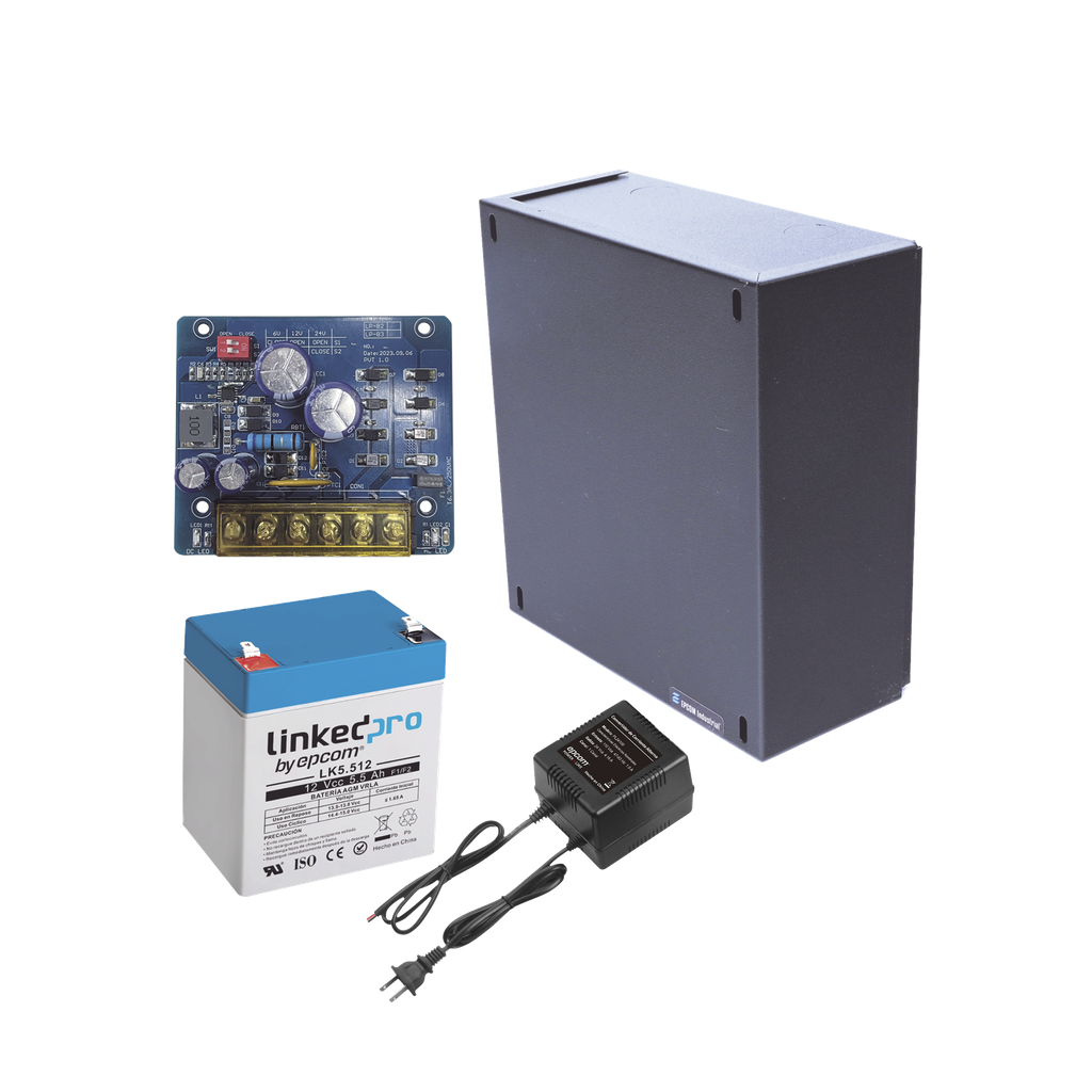 Kit con fuente PLB2 con salida de 12 Vcc a 1.5 Amper, incluye transformador y batería de 12 V a 5.5 Amper