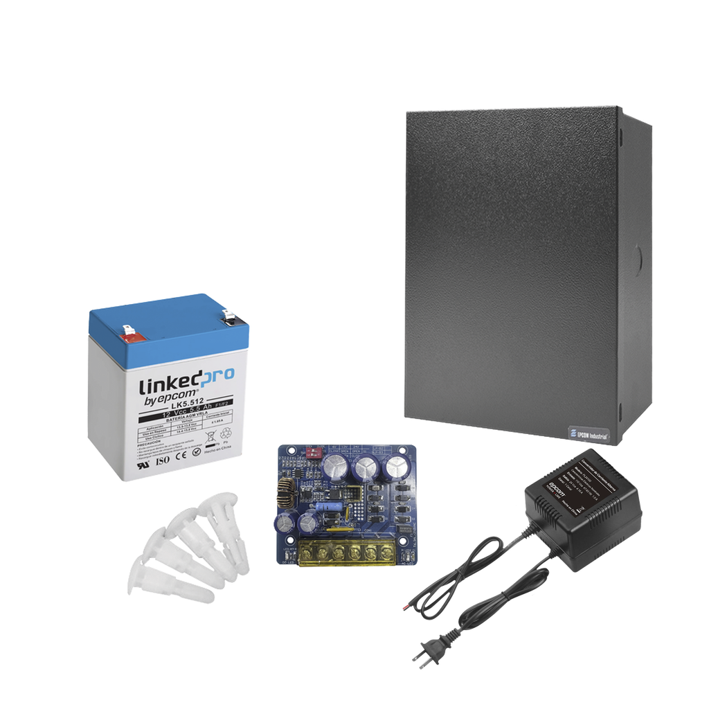 Kit con fuente PLB3 con salida de 12 Vcc a 4 Amper, incluye transformador y batería de 12 V a  5.5 Amper