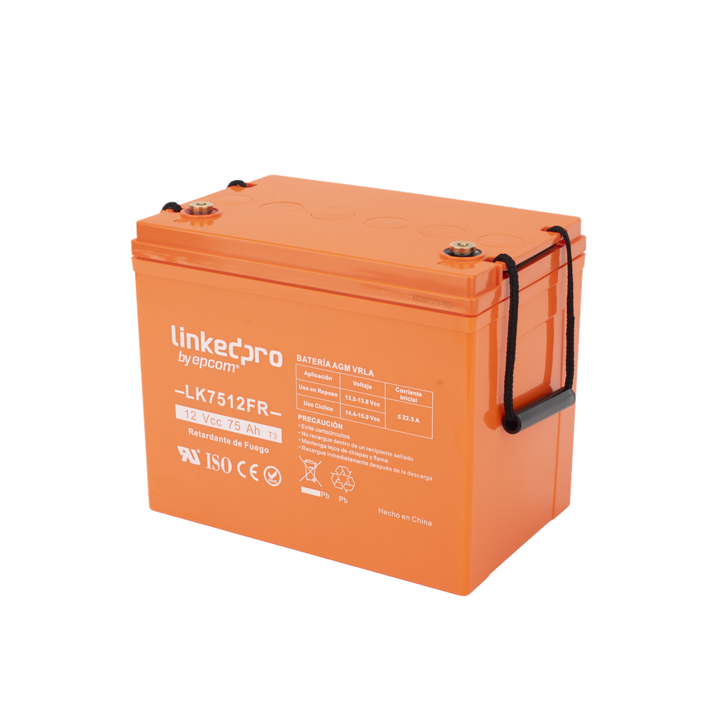 [LK7512FR] Batería 12 V / 75 Ah / UL / Tecnología AGM-VRLA / Vida útil promedio de 5 años / Retardo a la flama / Para uso en equipo electrónico, Alarmas de Intrusión / Incendio/ Control de Acceso/ Video Vigilancia / Termina