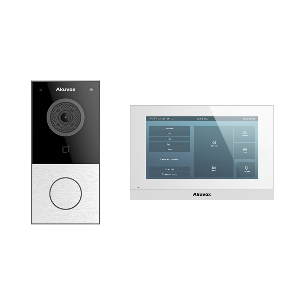 [KITAKUVOXWIFI] Kit de Videoportero Akuvox WIFI/ Monitor Linux de 7 Pulgadas/ 100% en la Nube / POE / Bluetooth / NFC / Lector de Tarjetas MIFARE / ONVIF / IP65 / Cámara 2 MP / Botón con Iluminación / Control de 1 Puerta / Entradas de Alarma