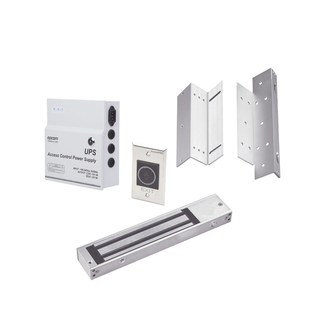 [KITMAG12V] Kit para Control de Accesoincluye Fuente de 12VCD con respaldo de batería/ Chapa magnética de 600Lbs / Montajes L y Z / Botón de salida