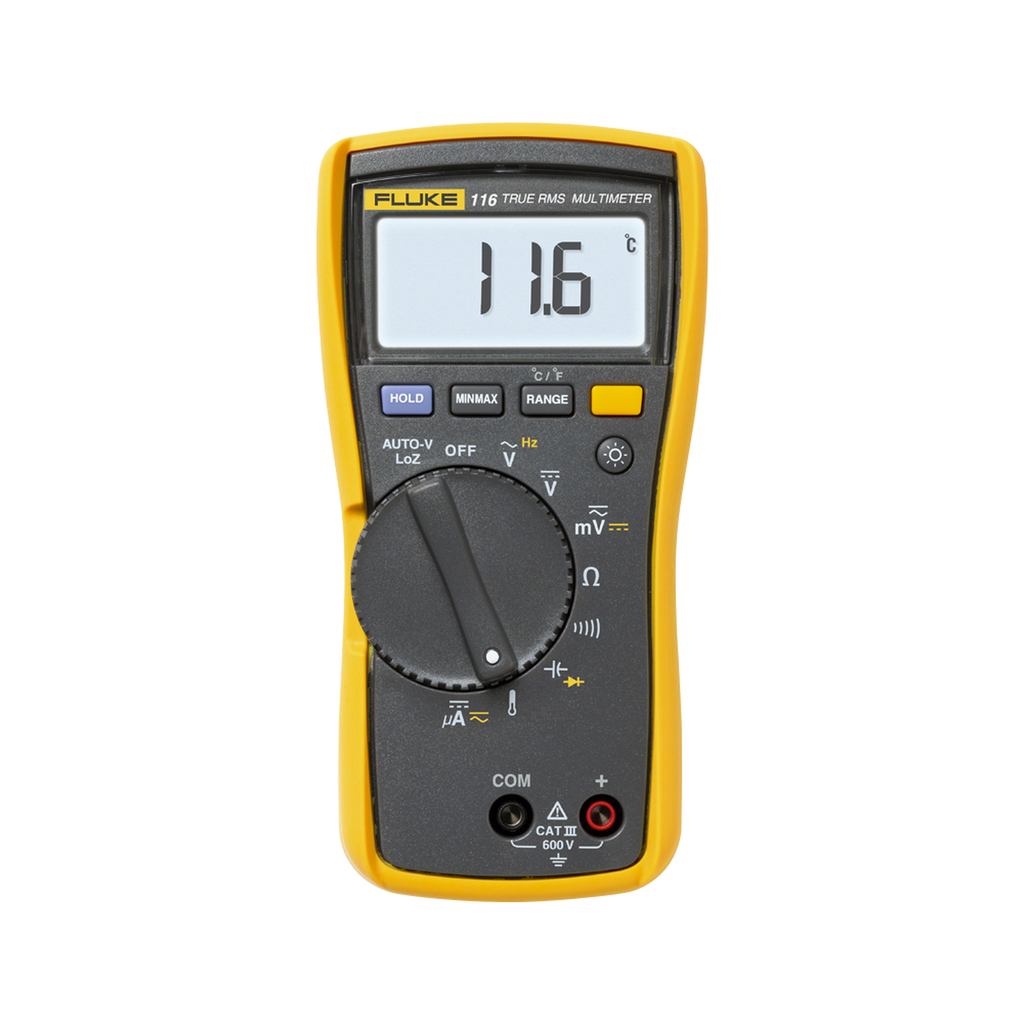 [FLUKE-116/CAL] Multímetro Digital para Electricista, con Termómetro Integrado para Aplicaciones HVAC, Uso con Voltaje Máximo de 600 V, Pantalla LED Retroiluminada. Incluye Certificado de Calibración