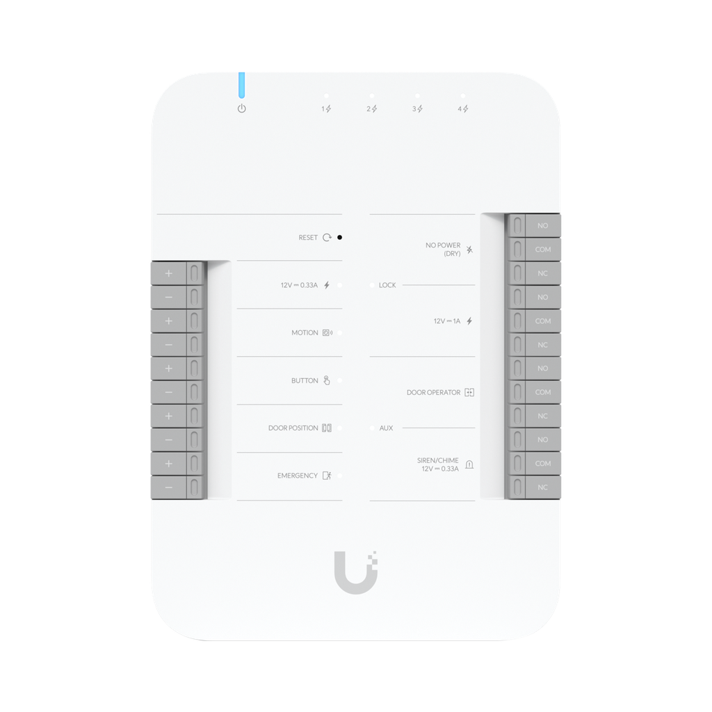 UniFi Access Hub Door, puede conectar 2 lectores y 2 cámaras (no incluidos) para controlar solo una puerta / 2 terminales AUX y 4 entradas adicionales (sensores y botones) POE 802.3bt no incluido
