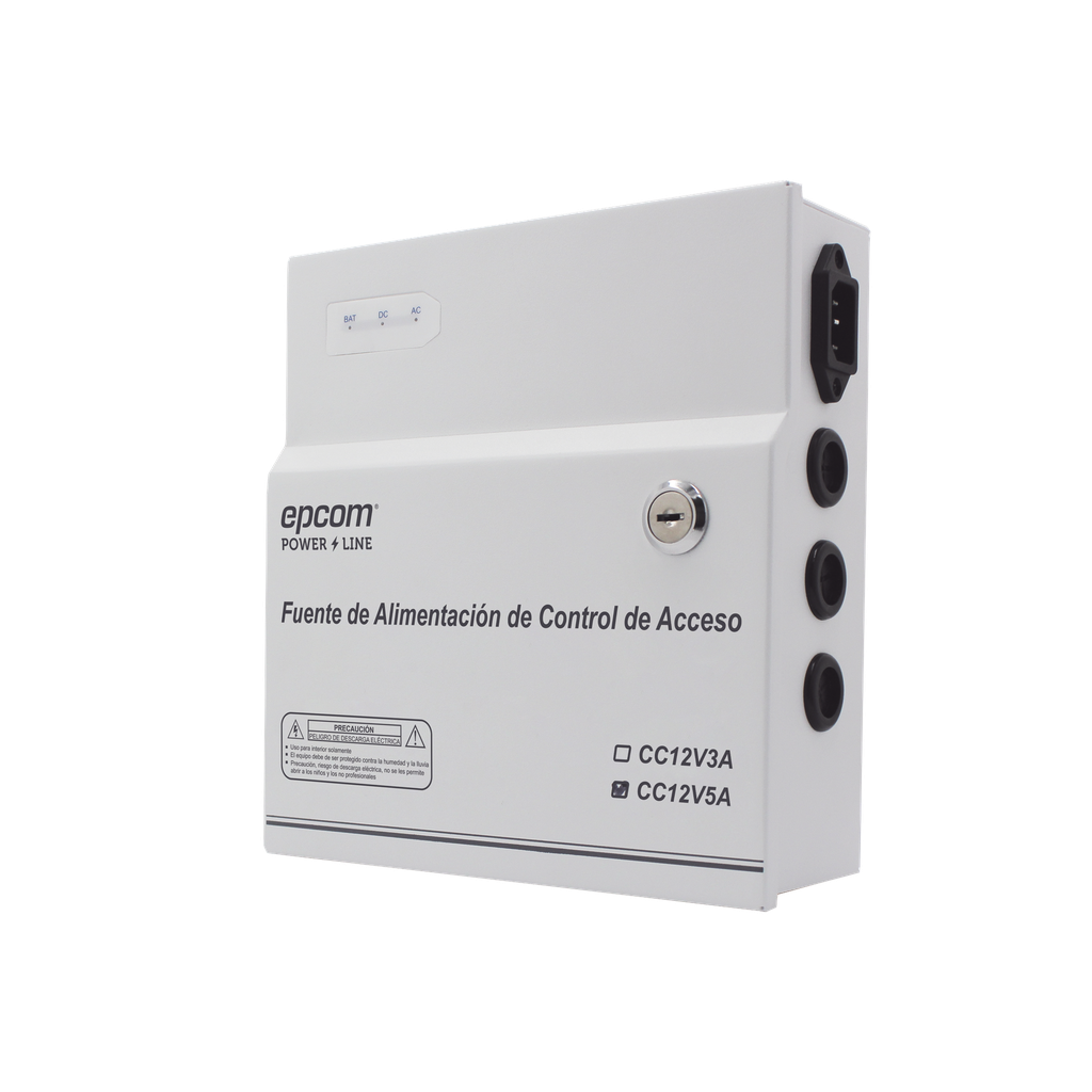 [AC-PS-T12-05] Fuente de Alimentación / 1 Salida 11-15 Vcc /  5 A / Temporizador Integrado / Con Capacidad de Batería de Respaldo / Requiere Batería / Aplicaciones en sistemas de Control de Acceso