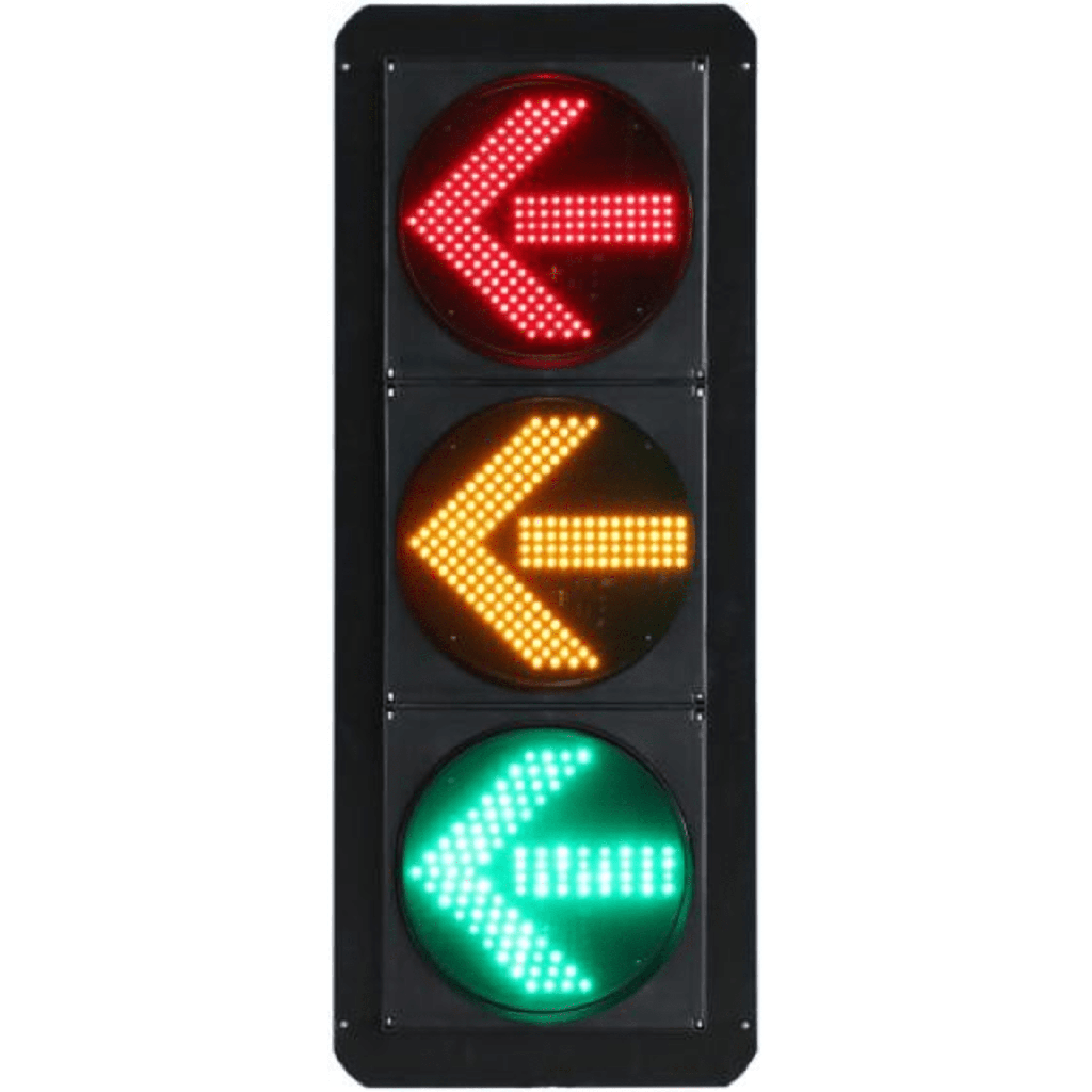 Semáforo Vertical de Giro Izquierdo / LED de Cuatro Elementos / Carcasa PC y ABS / IP53 / Transformador AC 24V / Flecha Izquierda / Protección IP53 / Vida Útil LED ?100,000 Hrs