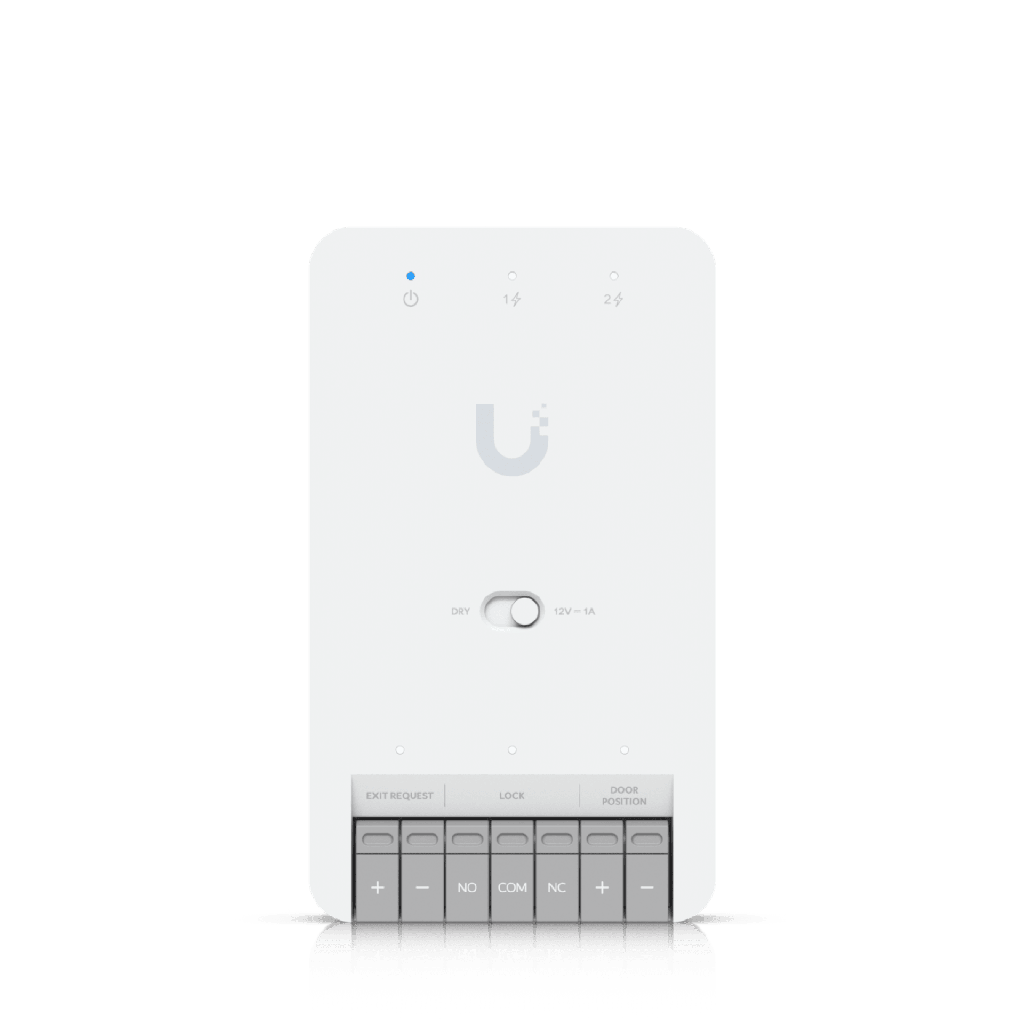 Centro de Control de AccesoCompacto Ubiquiti UniFi / Terminal de Bloqueo 12V / Entradas Adicionales Sensor y Botón / Alimentación PoE++ / Conexión para Dos Lectores o Cámaras / Uso Interior