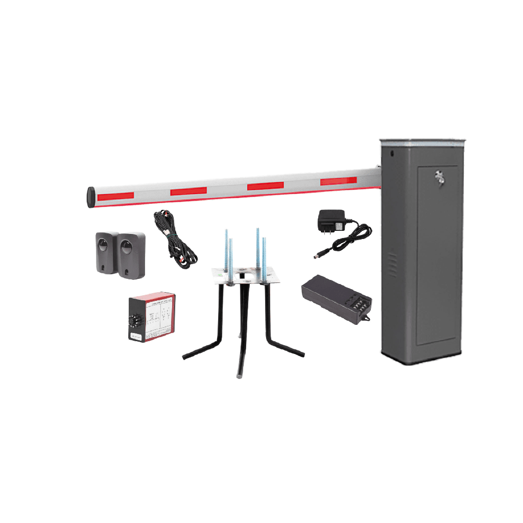 Kit COMPLETO Barrera Izquierda XBS Con Corona LED / Brazo Iluminado de 5M / Incluye Sensor de Masa, Transformador, Lazo Magnético, Ancla, Fotoceldas y 2 Controles Inalámbricos