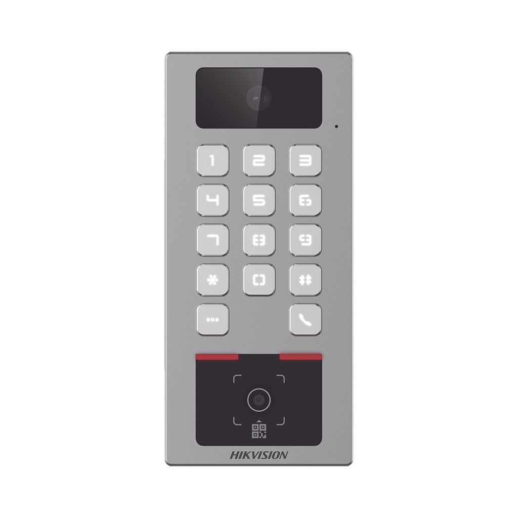 [DS-K1T502DBWX-CQR-E1] (PoE / 2 Relays) Teclado con Lector Físico de QRs para Exterior Antivandálico IP65 & IK09 con función de Videoportero Multiapartamento / Tarjeta, Código QR, PIN o App HikConnect  / Cámara 2 MP compatible con NVRs /