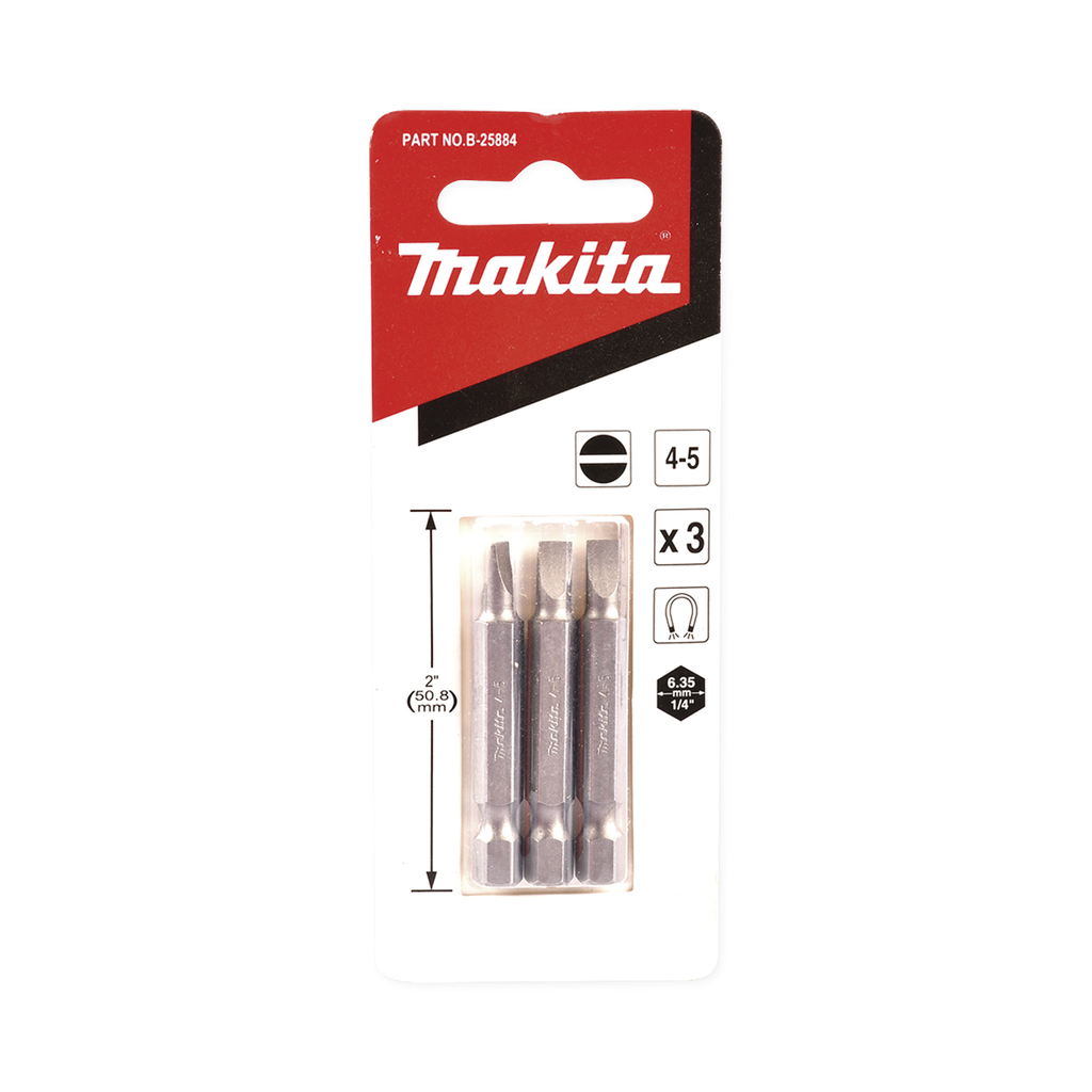 [B-25884] Punta plana para atornillar de 4-5 x 50 mm forma ?E?, zanco tipo hexagonal de 1/4 con punta magnética, blíster con 3 piezas.