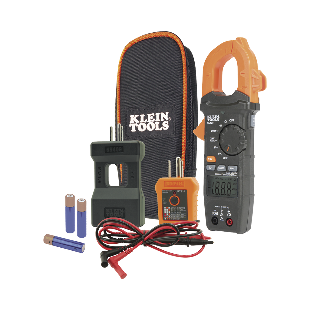 Kit de Amperímetro de Gancho (400A CA) con Probador de Fase y Divisor (para medir corriente sin cortar el cable).