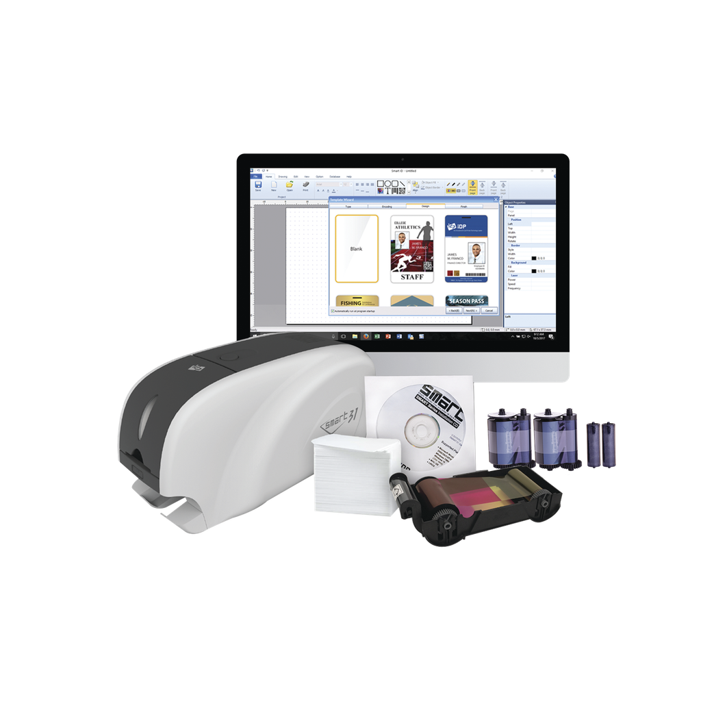 Kit Impresora de tarjetas PVC/ Una Cara /incluye: 2 x Ribbons, 100 Tarjetas PVC, Software, Kit Limpieza, Garantia 3 Años, Mascara de Seguridad UV