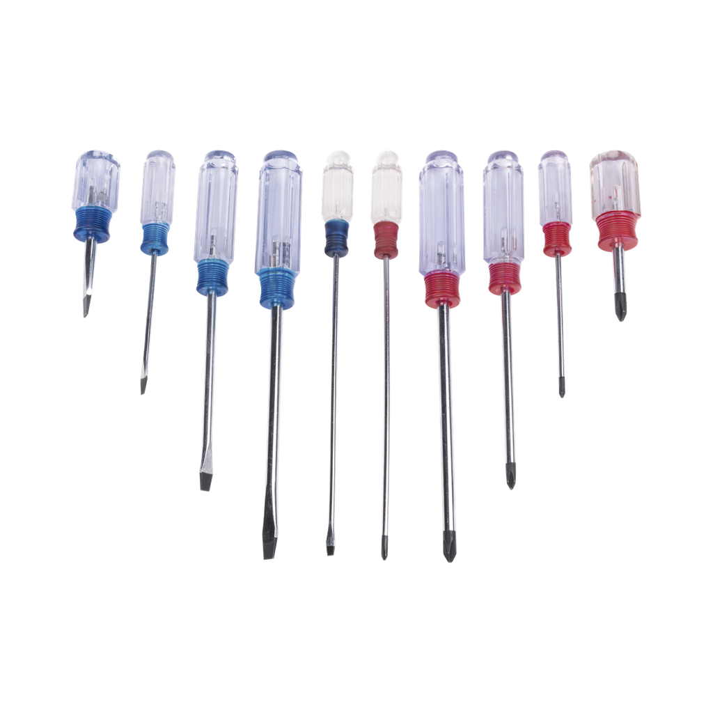 Juego de 10 Desarmadores Mango Plástico (Uso Ligero), Puntas magnética, 5 Puntas Planas (-) y 5 Puntas Phillips. (+)