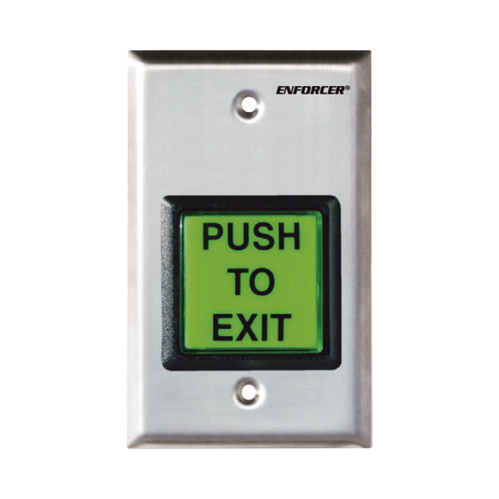 Botón de Salida / Con Iluminación / Con Placa de Pared de Acero Inoxidable / IP65 / Voltaje 12 / 24 Vcd / Mensaje de Idioma Intercambiable / 3 Placas de Idioma Incluidas