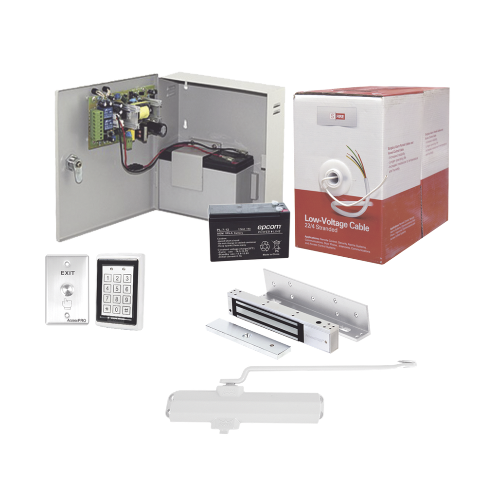 [ACCESSKIT11P] Sistema Completo de Acceso, Incluye Teclado Anti-Vandalico, Chapa magnética con bracket, Cierra puerta, Botón de Salida, Cable  Gratis , y fuente profesional con Batería