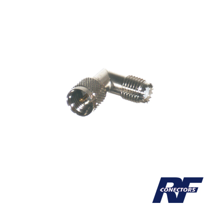 [RFU-630] Adaptador en Ángulo Recto, de Conector Mini-UHF Macho a Mini-UHF Hembra, Ingleteado, Níquel/ Oro/ Teflón.