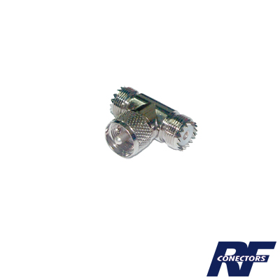 [RFU-533] Adaptador en forma T, de Conector UHF Macho (PL-259) a Doble UHF Hembra (SO-239), Níquel/ Plata/ Delrin.