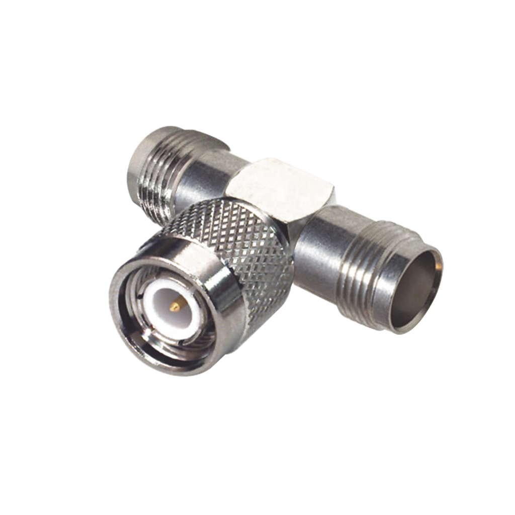 [RFT-1228] Adaptador en T de TNC Macho a Doble TNC Hembra, Níquel/ Oro/ Teflón.
