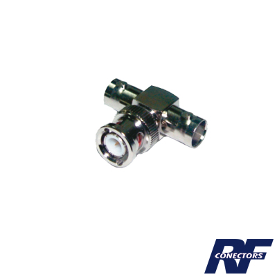[RFB-1130] Adaptador en T para 50 Ohm de BNC Macho a Doble BNC Hembra, Maquinado, Níquel/ Oro/ Teflón.