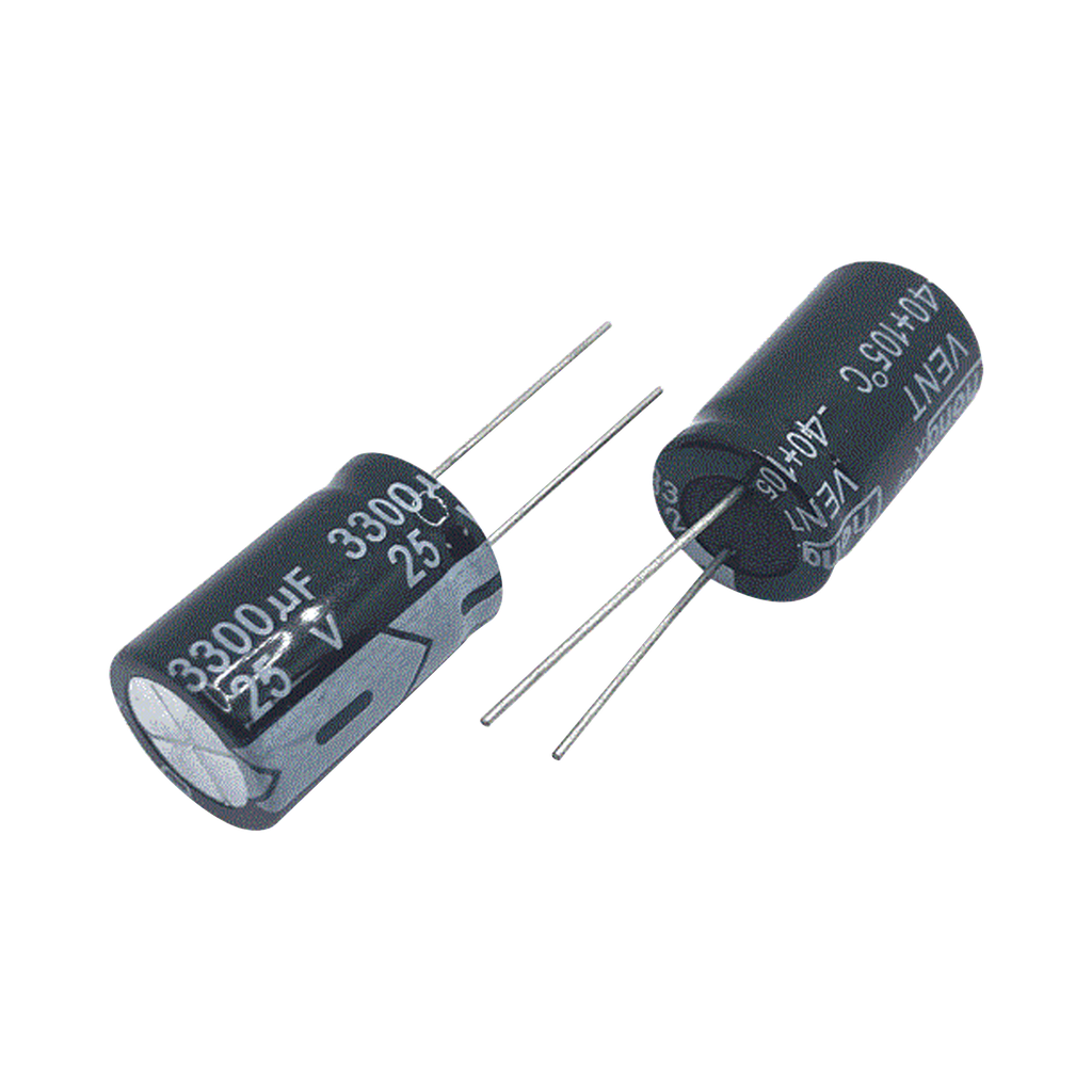 Capacitor Electrolítico de Aluminio, Radial de 3300 µFd, 25 Vcc, 105 °C, 18 x 25 mm.