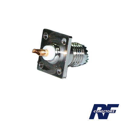 [RFU-603] Conector Mini UHF Hembra para Montaje con 4 Perforaciones a 13 mm en Panel, Níquel/ Oro/ Teflón.