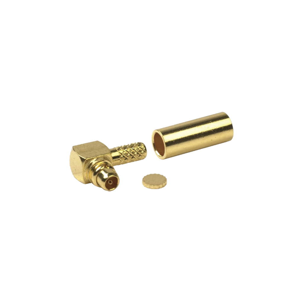 Conector MMCX Macho Inverso en Ángulo Recto para RG-174/U, Grupo B, Oro/ Oro/ Teflón.