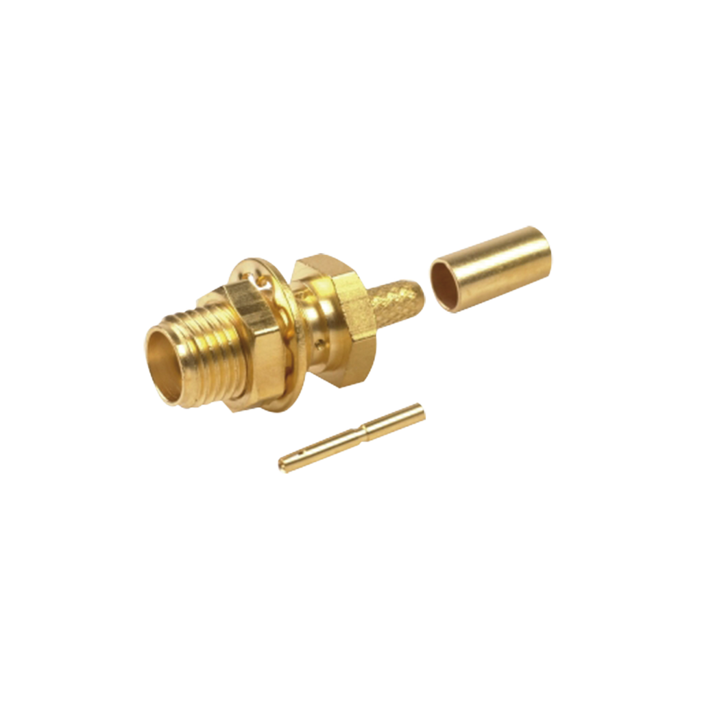 Conector SMA Hembra para Chasis en D Plano, Anillo Plegable para cable RG-174/U, Oro/ Oro/ Teflón.