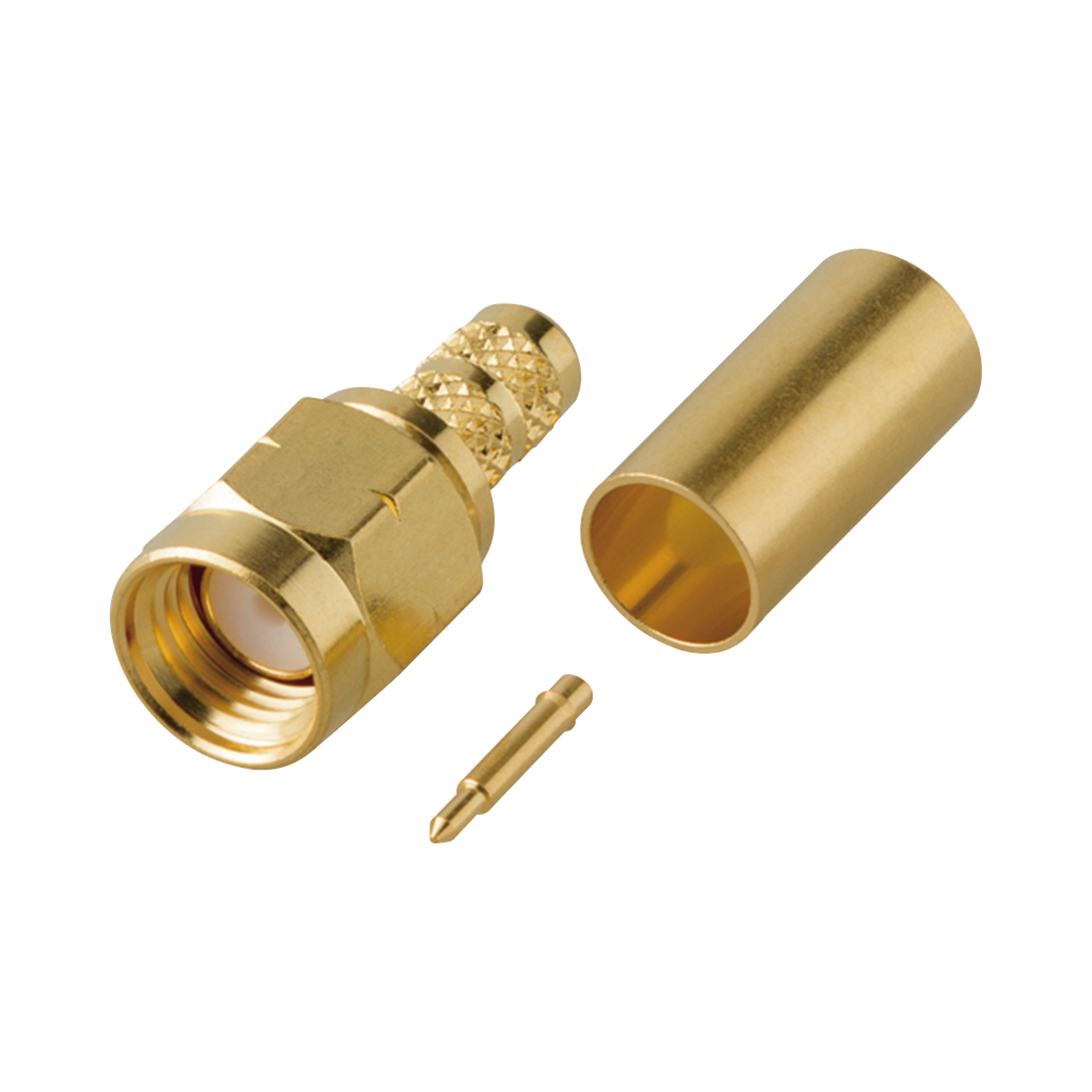 Conector SMA Macho de Rosca Izquierda, Anillo Plegable para Cable RG-58/U, Oro/ Oro/ Teflón.