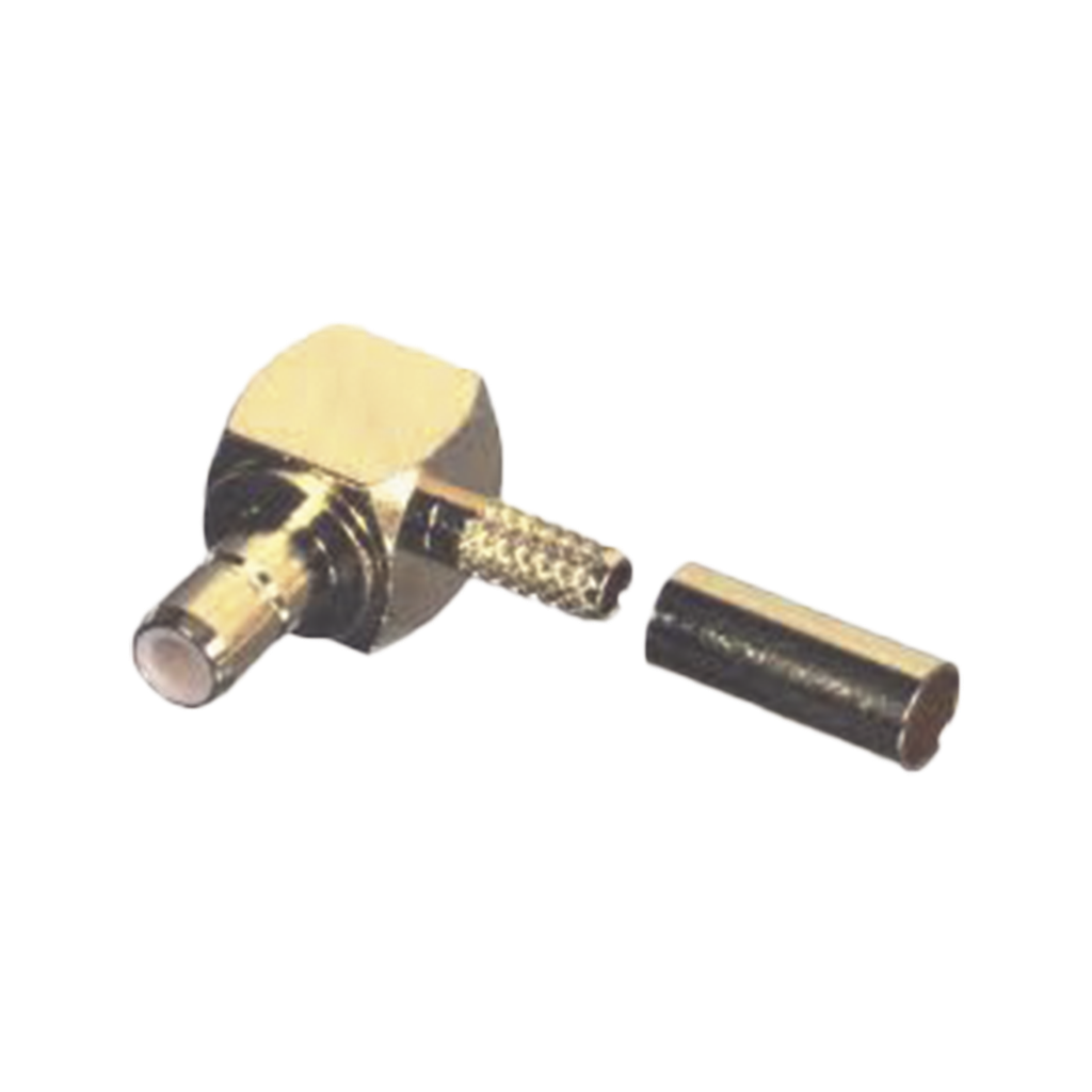 Conector SMB Hembra (Jack) en Ángulo Recto, (Pin Macho), Anillo Plegable para RG-174/U, Oro/ Oro/ Teflón.