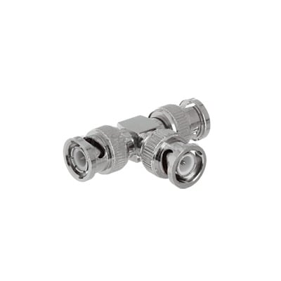 [TT-RG-14] Adaptador de Triple conectores BNC macho para uso en sistemas de video vigilancia en aplicación con cables coaxiales RG-59/ RG-6, Níquel/ Oro/ Politetrafluoroetileno.
