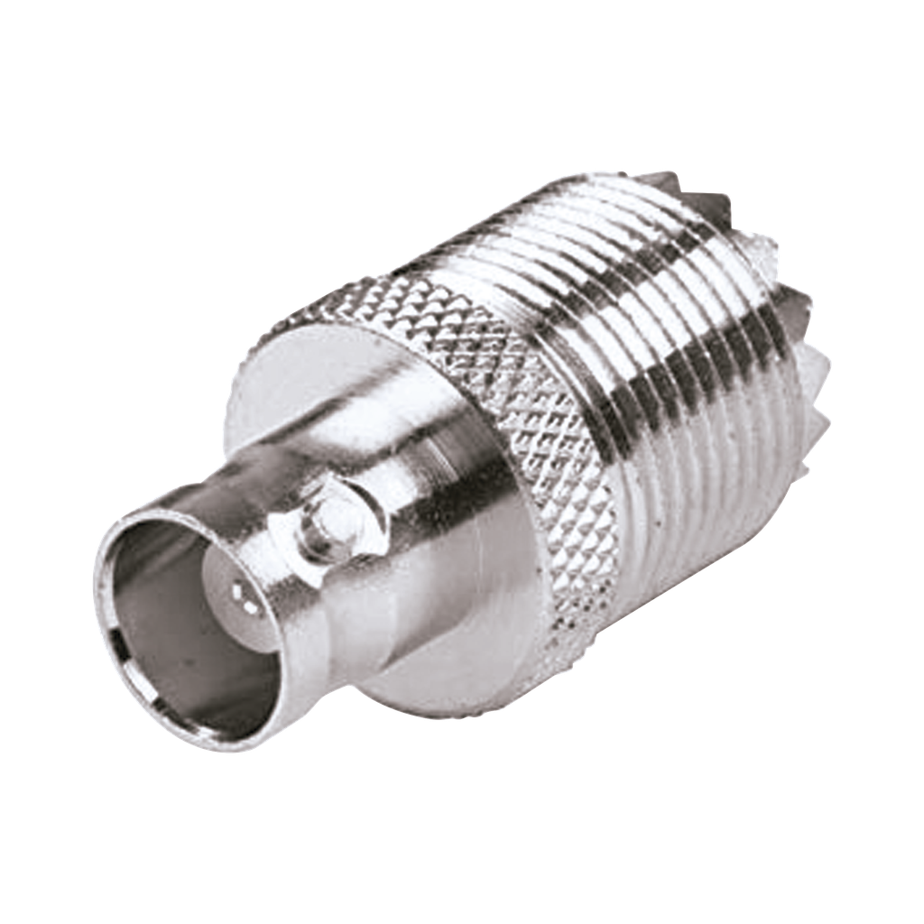[RFU-545] Adaptador en Linea para 50 Ohm, Conector UHF Hembra (SO-239) a BNC Hembra, Níquel/ Plata/ Delrin.