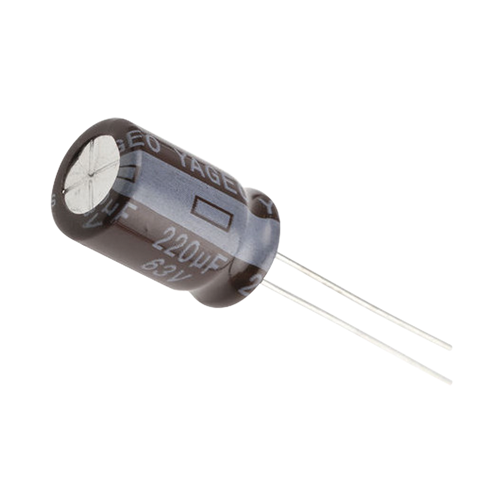 Capacitor Electrolítico de Aluminio, Radial de 220 µFd, 63 Vcc, 105 °C, 10 x 15 mm.